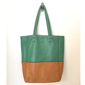 Colorblock green and tan faux leather tote
